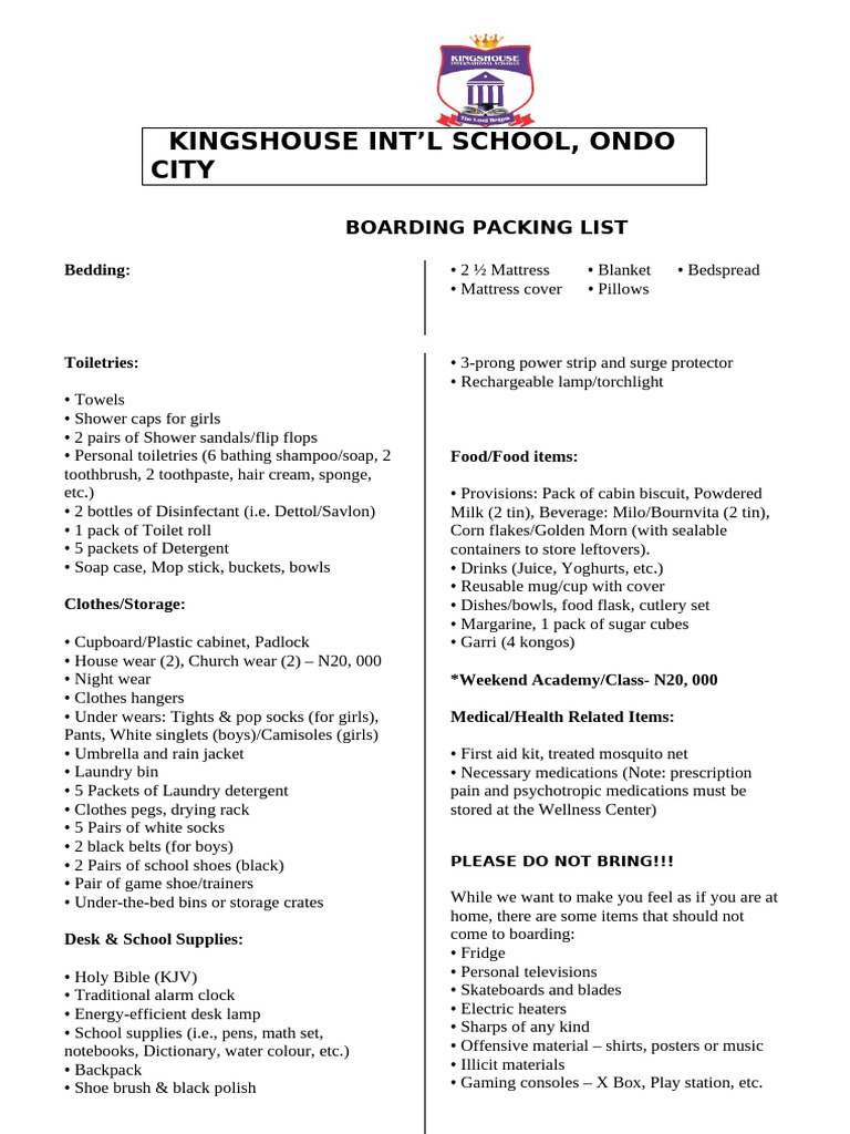 Boarding School Packing List Guide | PDF