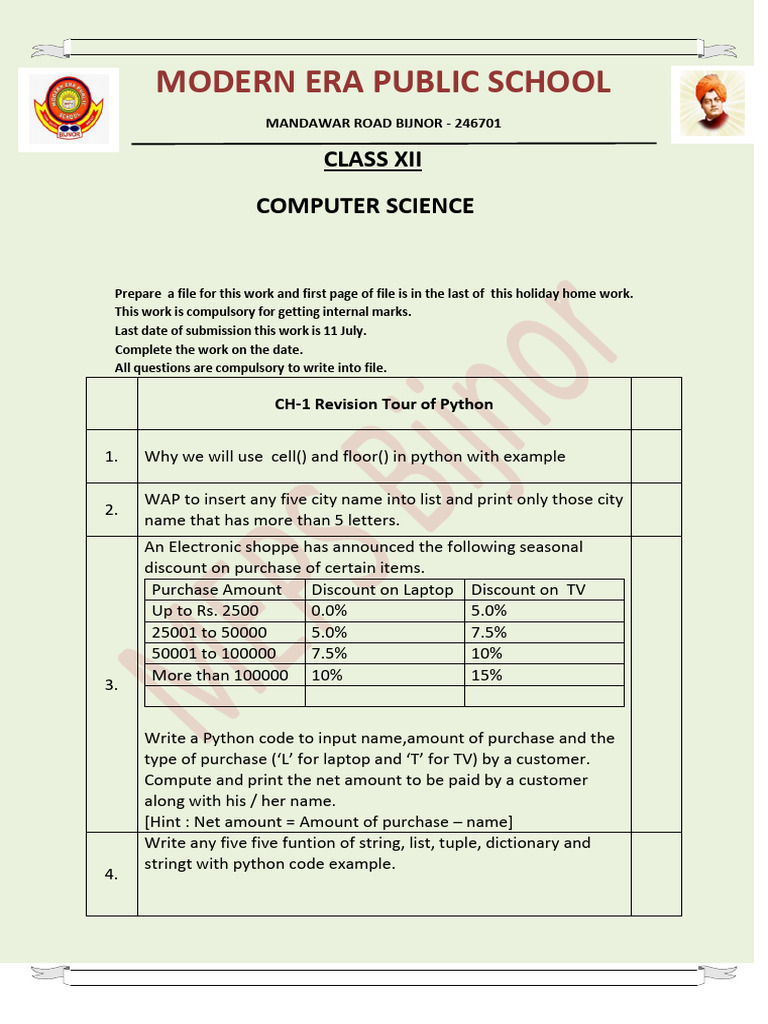 Class XII Computer Science Holiday Work | PDF | String (Computer ...