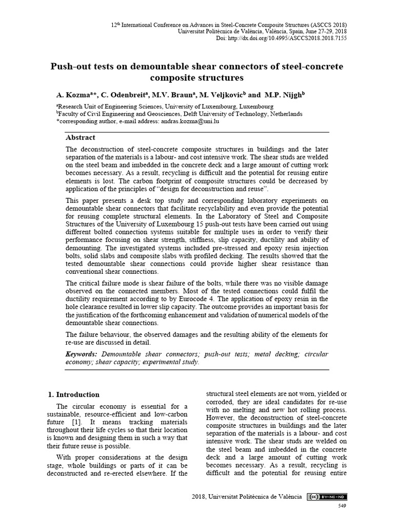 Push-Out Tests On Demountable Shear Connectors of Steel-Concrete | PDF ...