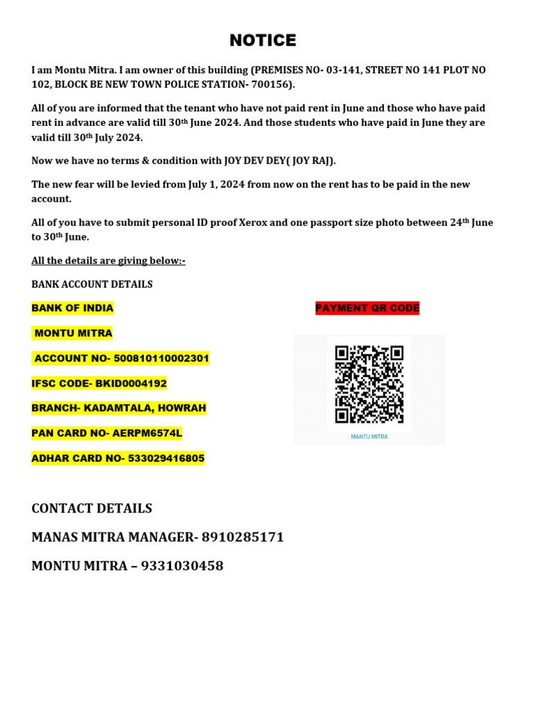 New Rent Notice and Payment Details | PDF