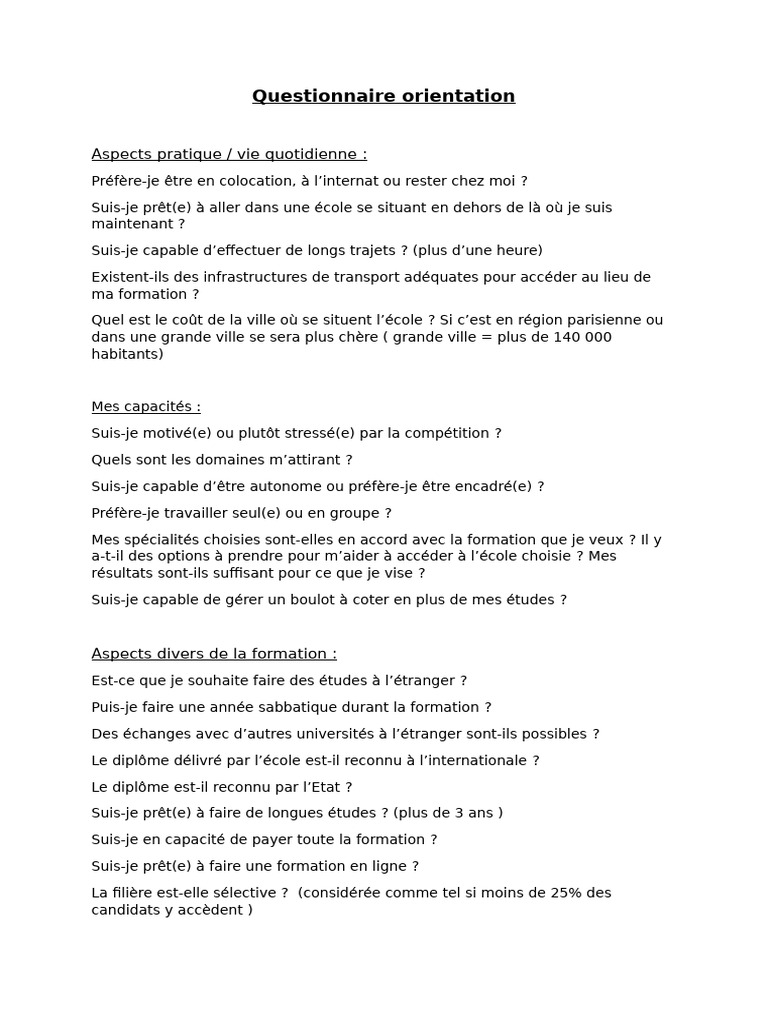 Questionnaire d'Orientation Étudiante | PDF