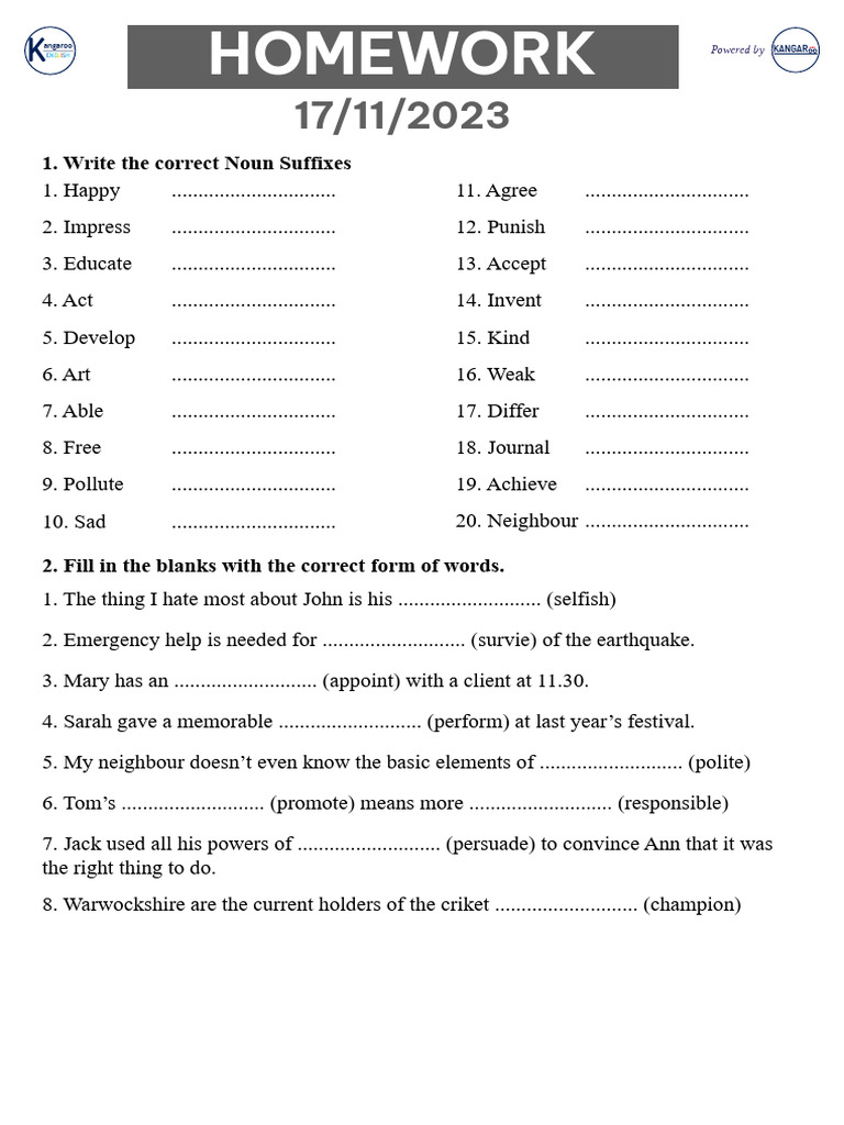 Noun Suffixes and Word Forms Exercise | PDF