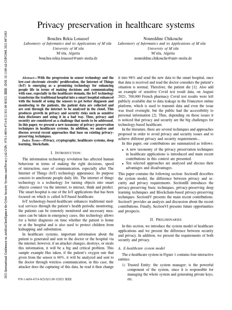 Privacy Techniques in Healthcare Systems | PDF | Internet Of Things ...