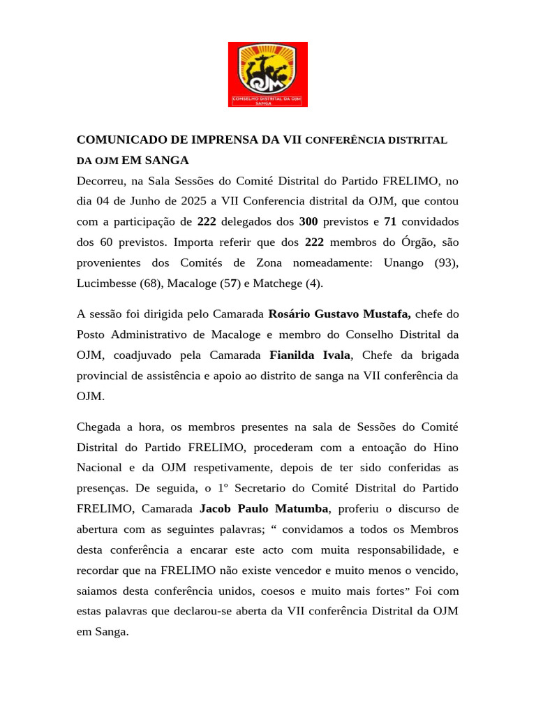 VII Conferência Distrital da OJM em Sanga | PDF | Eleições | Democracia