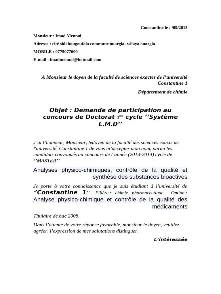 Demande De Doctorat En Chimie 2013 PDF