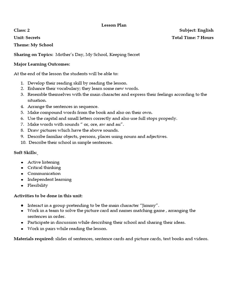 English Lesson Plan for 2nd Grade | PDF | Reading Comprehension ...