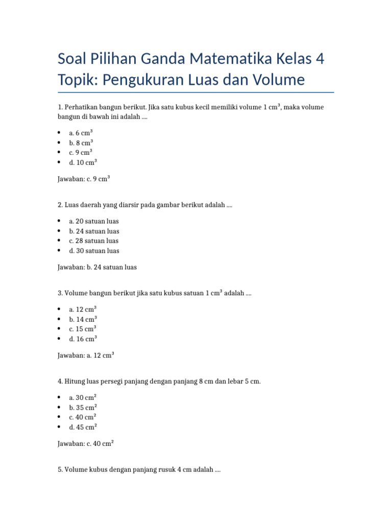 Soal Matematika Kelas 4: Luas & Volume | PDF