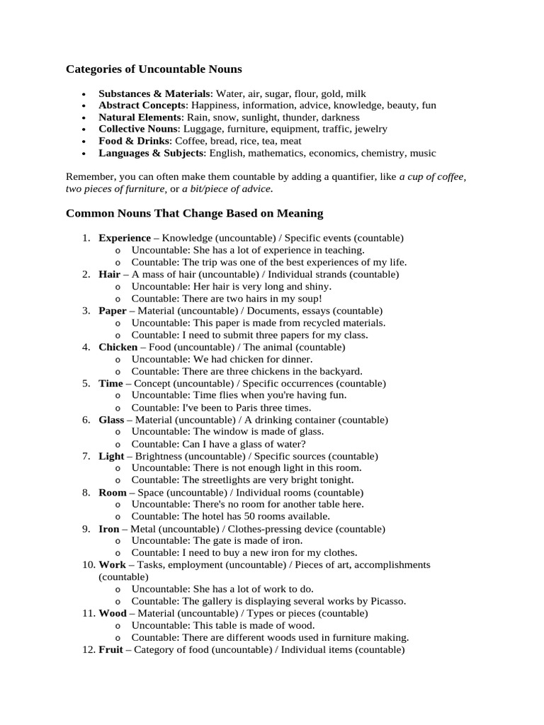Categories of Uncountable Nouns | PDF | Noun