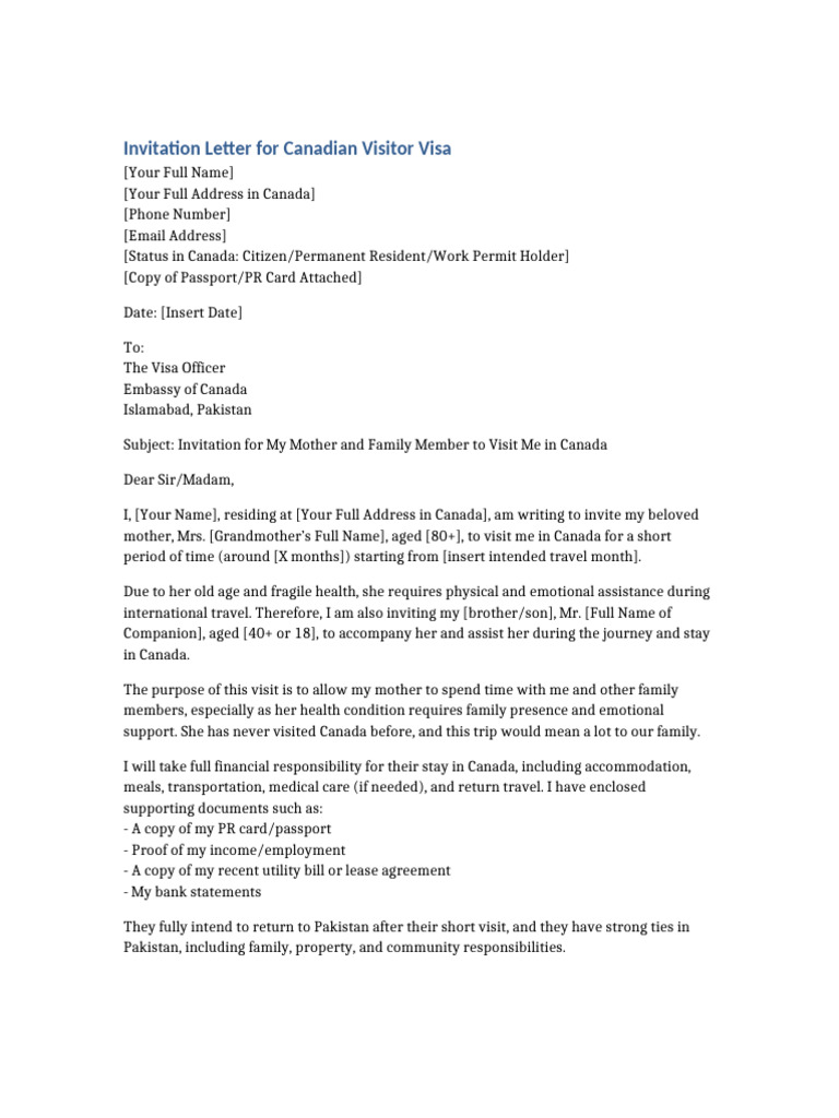 Invitation Letter Canada Visit | PDF