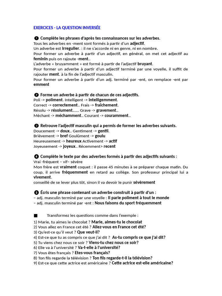 Exercices sur la question inversée | PDF | Adverbe | Linguistique