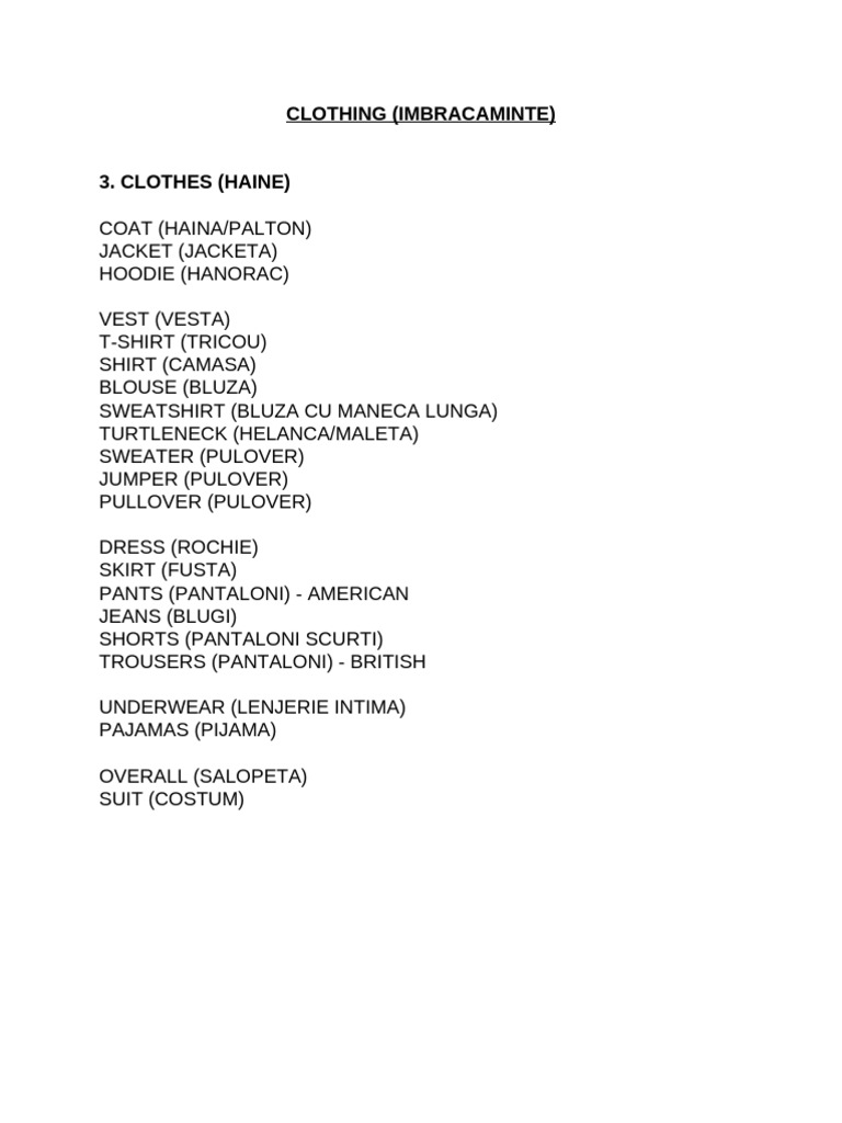 English Clothing Terminology Guide | PDF