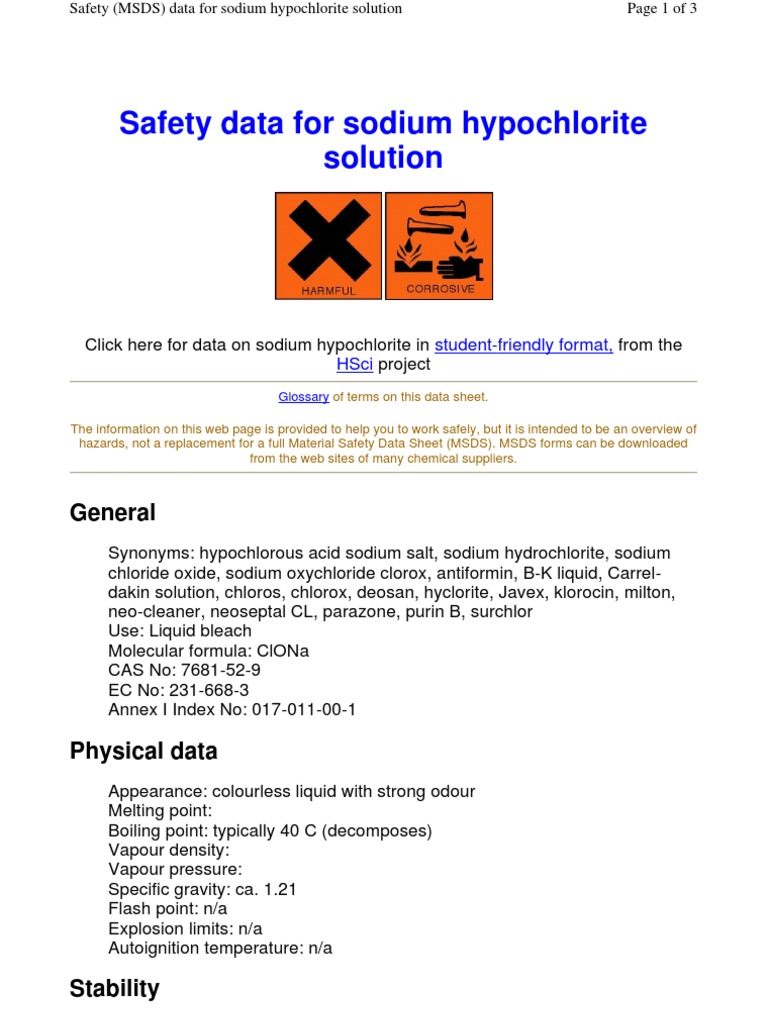 Msds Bleach PDF Chlorine Chemical Compounds