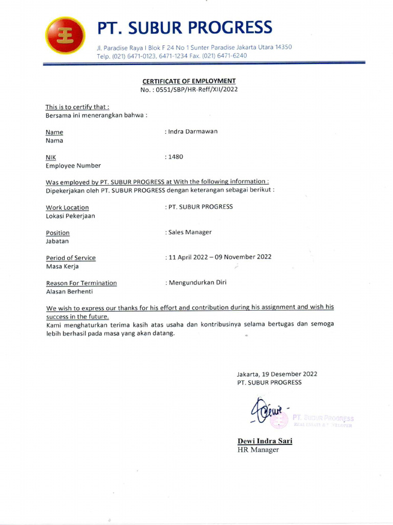 Paklaring Indra D - SBP | PDF