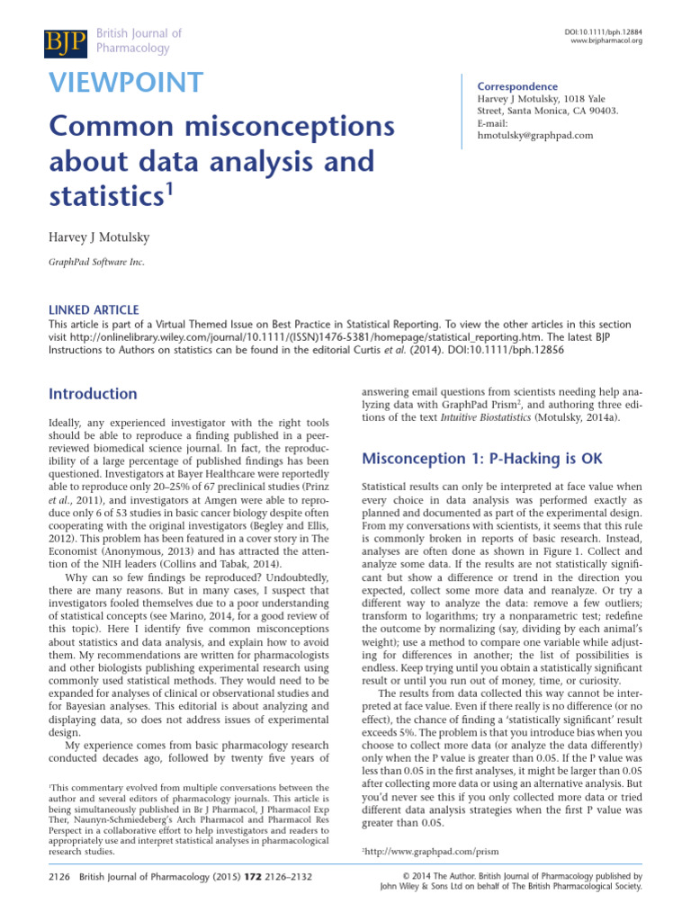 Misconceptions in Data Analysis | PDF | P Value | Statistical Significance