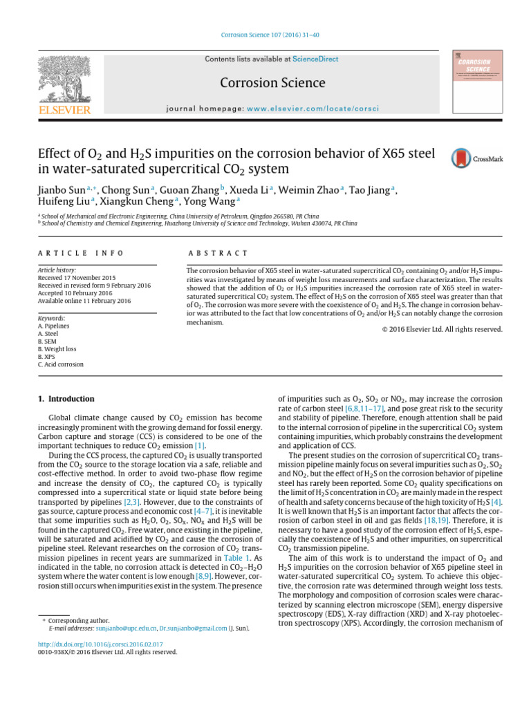 Effect of O2 and H2S Impurities On The Corrosion Behavior of X65 Steel ...