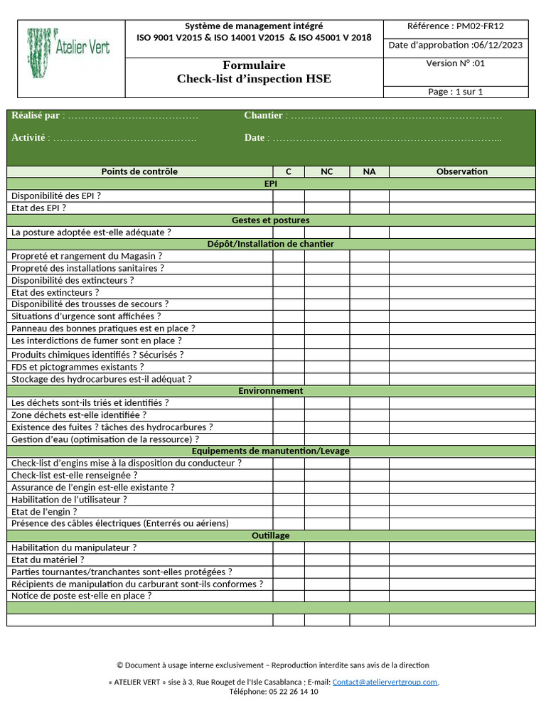 Check-list Inspection HSE 2023 | PDF
