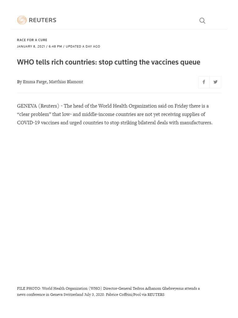 WHO Tells Rich Countries - Stop Cutting The Vaccines Queue - Reuters ...