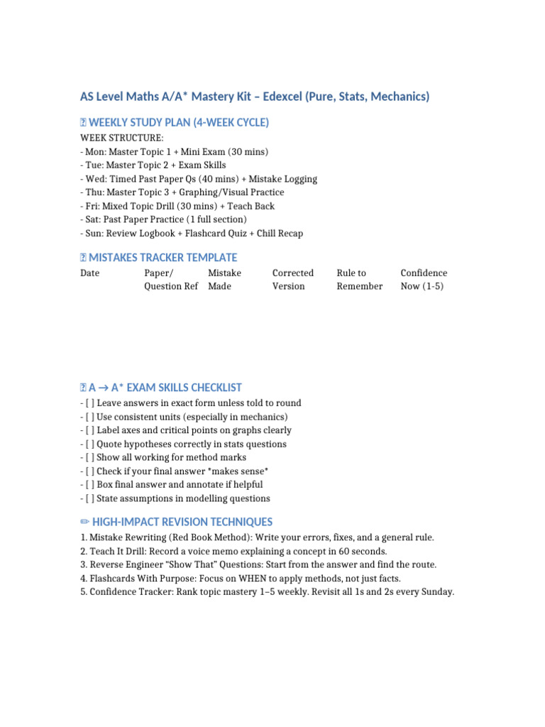 AS Level Maths Mastery Study Plan | PDF