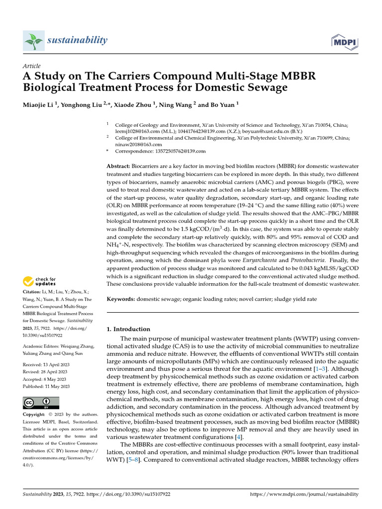 MBBR Process for Domestic Sewage Treatment | PDF | Sewage Treatment ...
