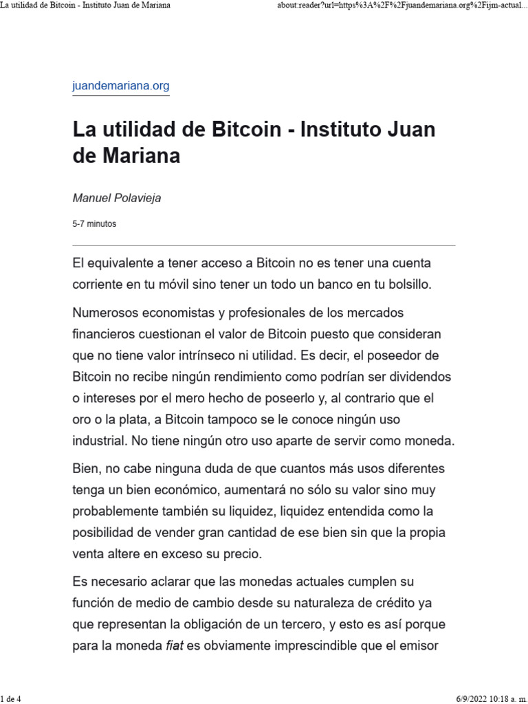 05-La Utilidad de Bitcoin - Instituto Juan de Mariana | PDF | Dinero |  Bitcoin