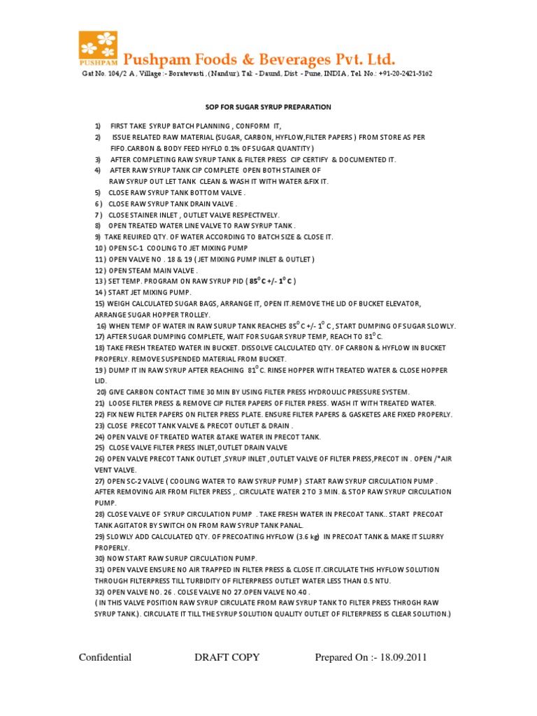 SOP for Sugar Syrup Preparation | PDF | Filtration | Syrup