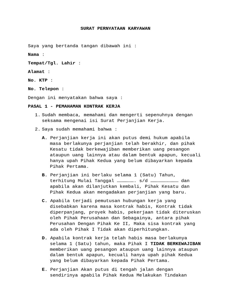 Surat Pernyataan Karyawan Draft | PDF