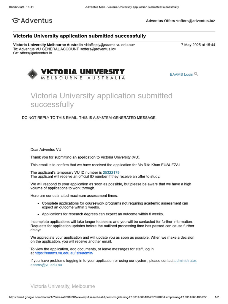 Victoria University Application Submitted Successfully | PDF