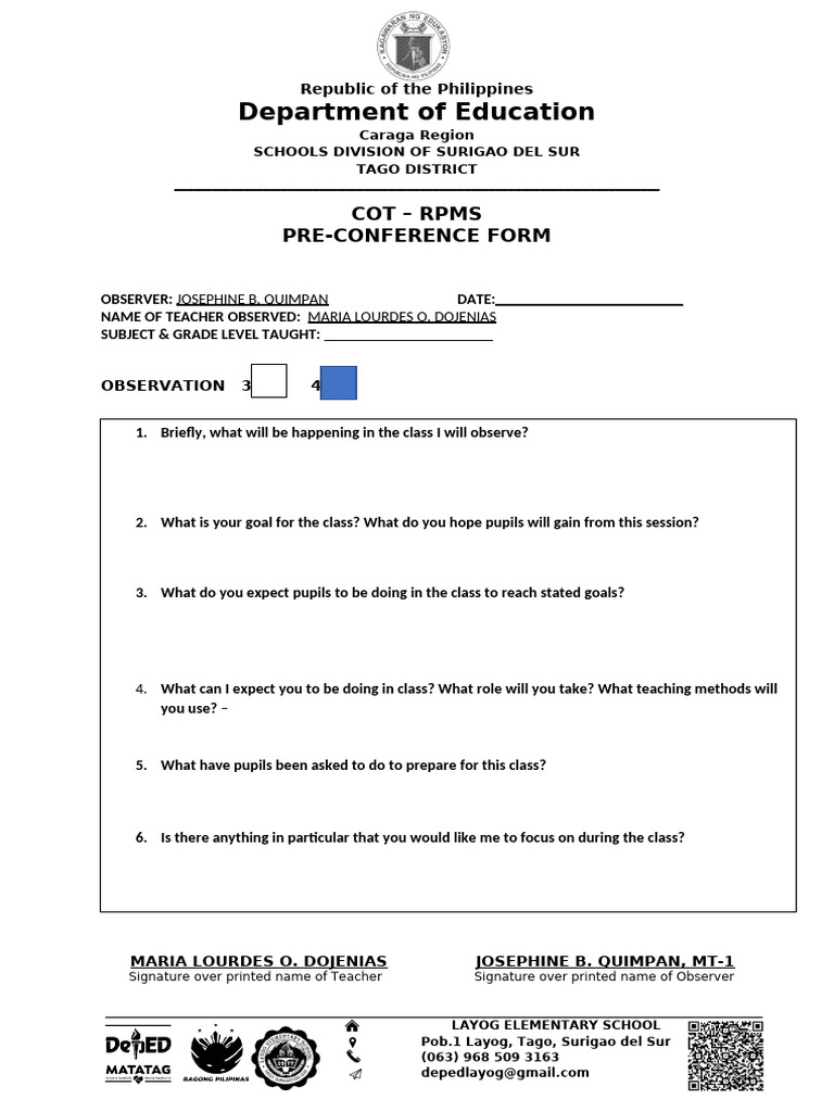 Teacher Observation Pre-Conference Form | PDF
