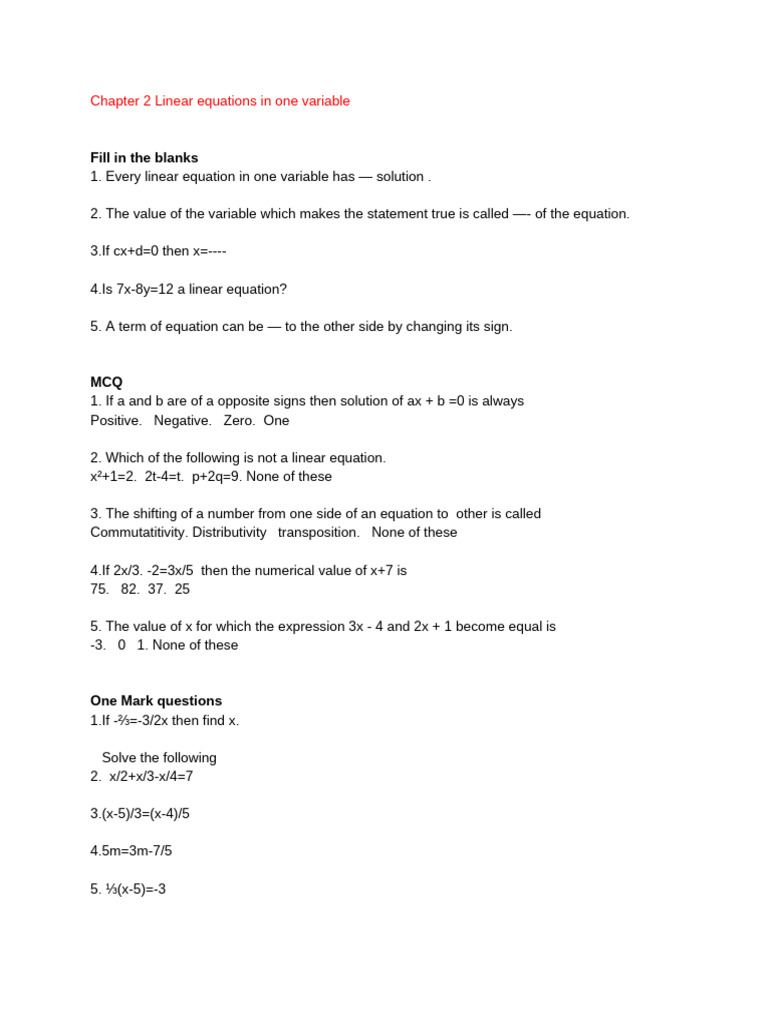 Linear Equations in One Variable | PDF | Equations | Arithmetic