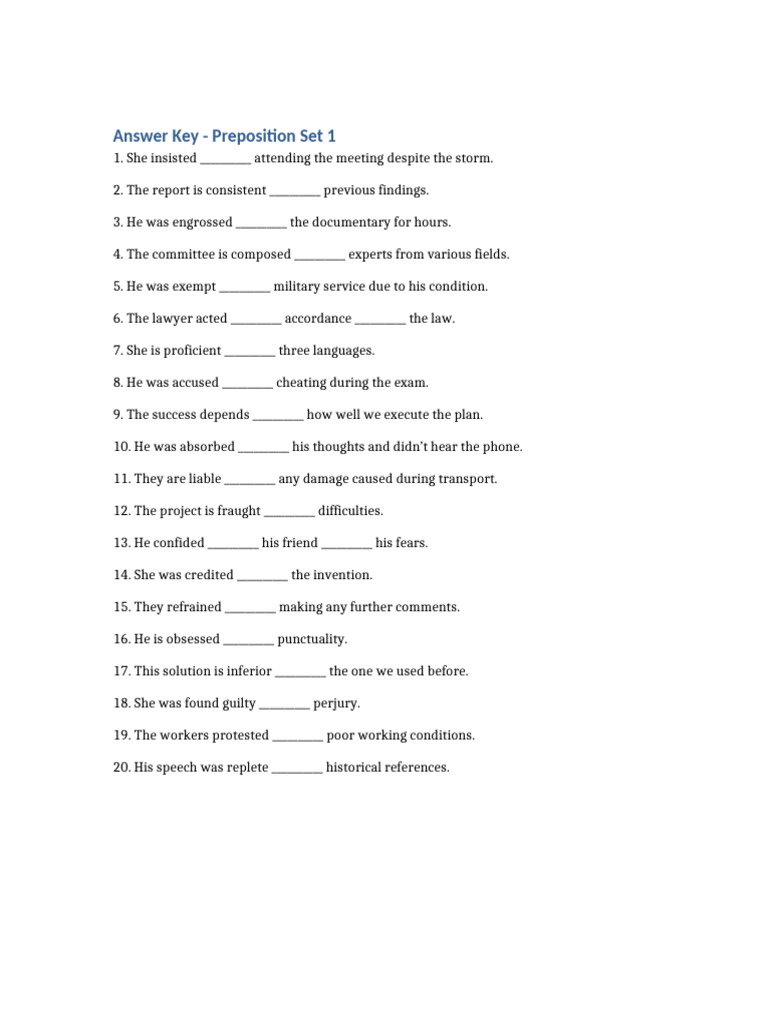 Preposition Exercise Answer Key | PDF
