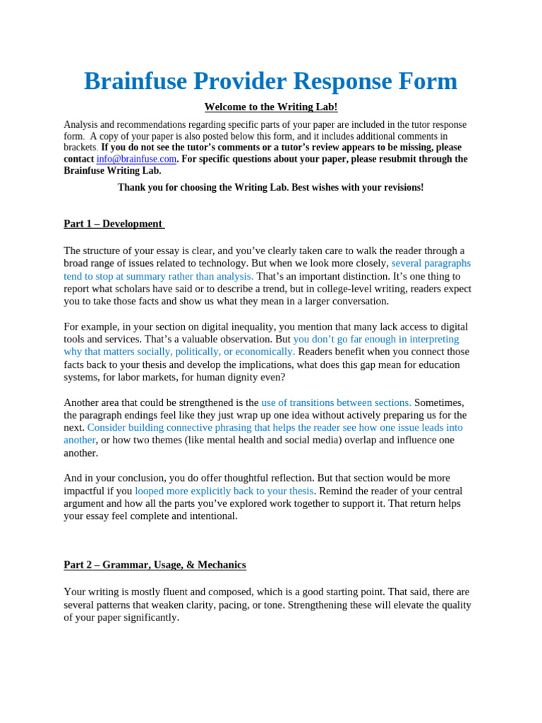 Brainfuse Writing Lab Feedback Guide | PDF | Mental Health ...
