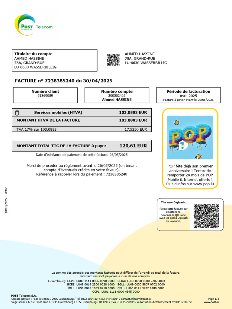 Facture POST Telecom n° 7238385240 | PDF | Facture | Taxe sur la valeur ...