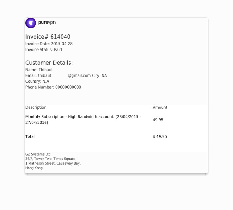 PureVPN Invoice for Thibaut Sergent | PDF