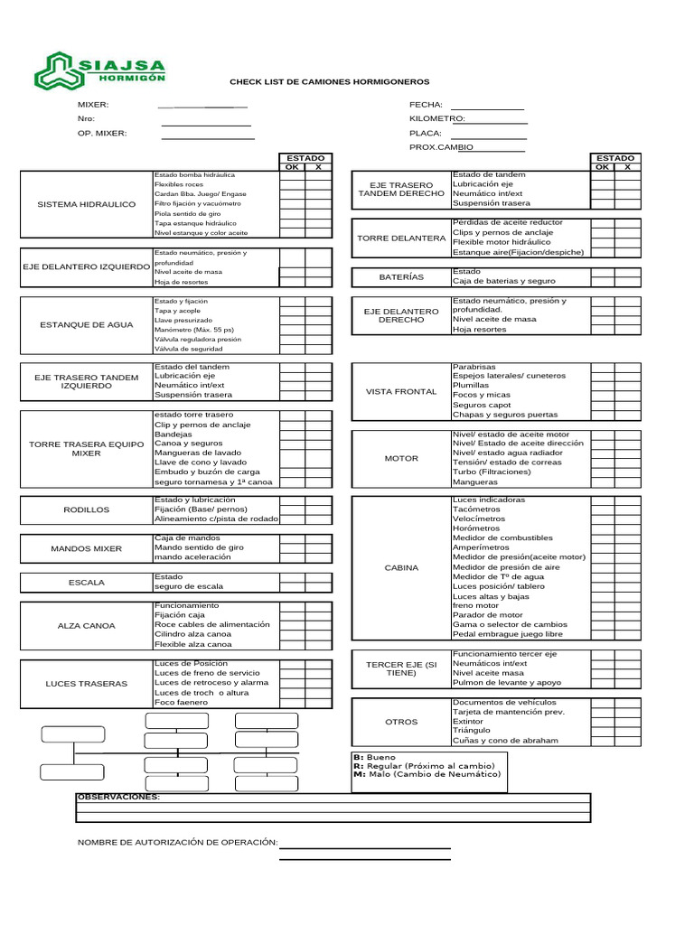 Checklist de Mantenimiento Camiones Mixer | PDF | Eje | Estilos de ...