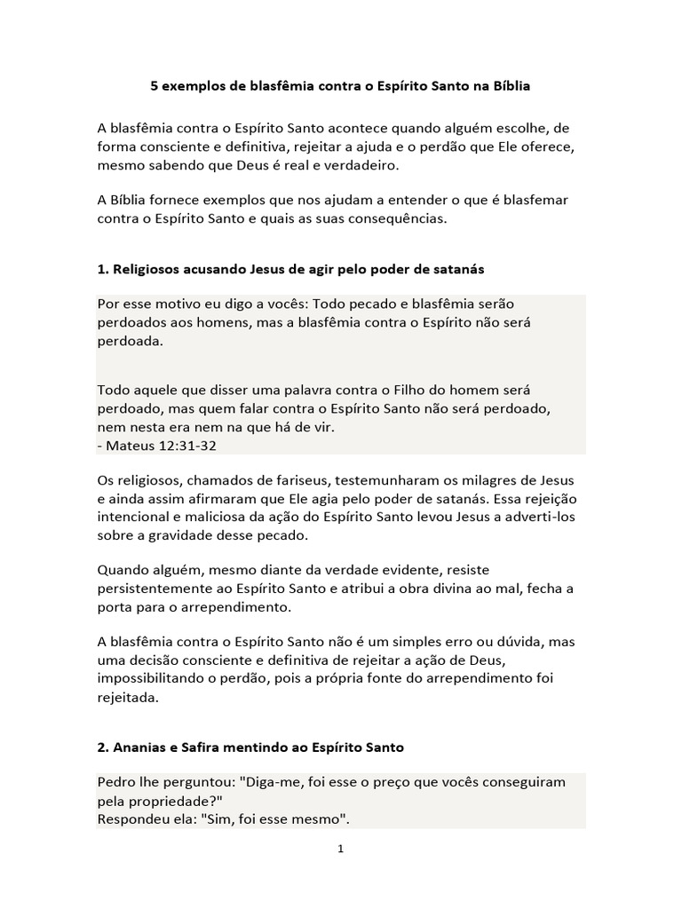 Exemplos de Blasfêmia contra o Espírito Santo | PDF | Deus | Pecado