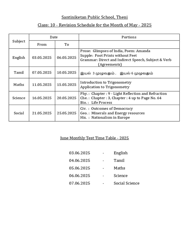 10th Revision Schedule May - 2025 | PDF