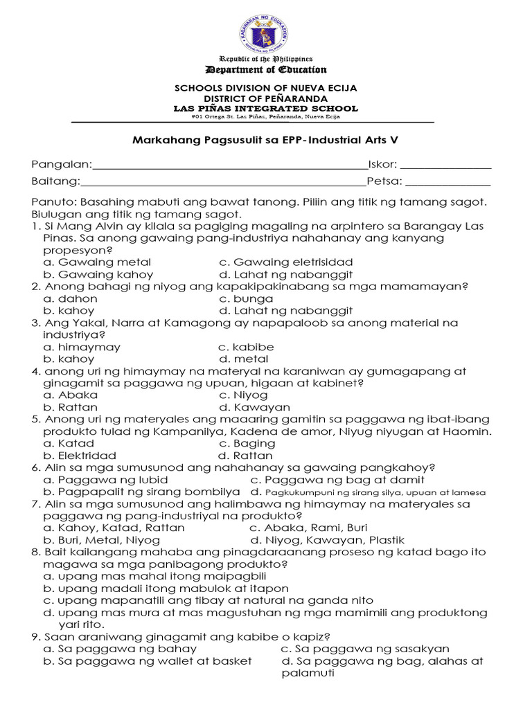 Periodical Test Epp 5 Industrial Arts EDITED | PDF
