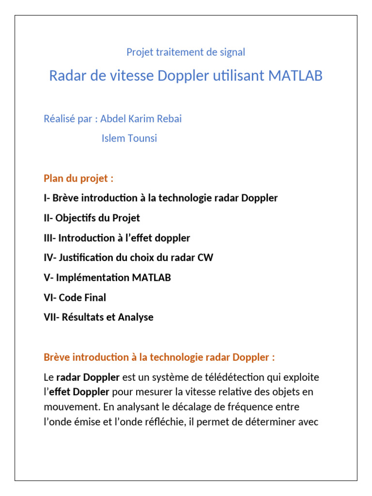 Radar Doppler Traitement et Simulation MATLAB PDF Radar Effet — free download
