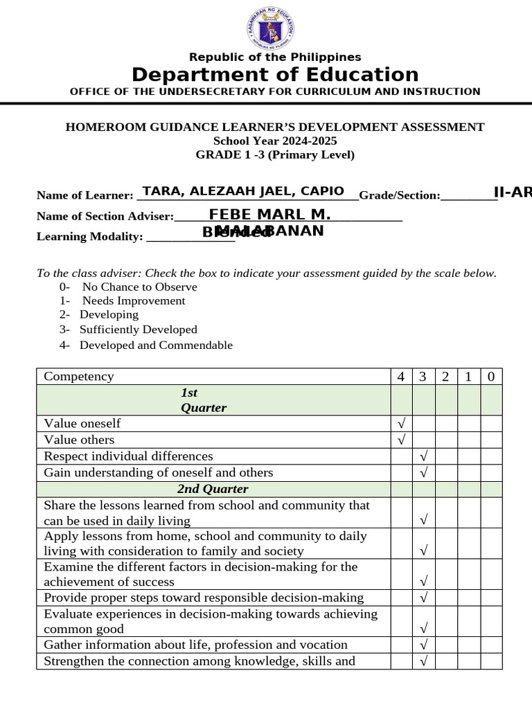 Half Homeroom Guidance Learner Assessment Tool Sy 22 23 Grade 1 3 | PDF ...