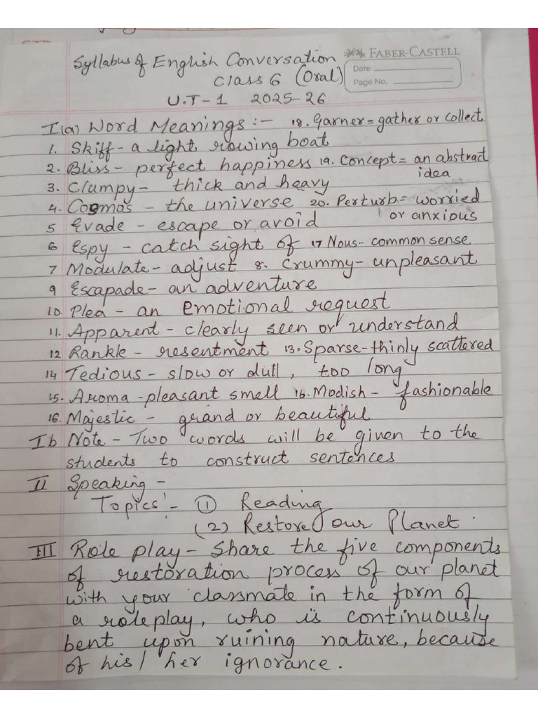 Class 6 English Conversation UT 1 Syllabus | PDF