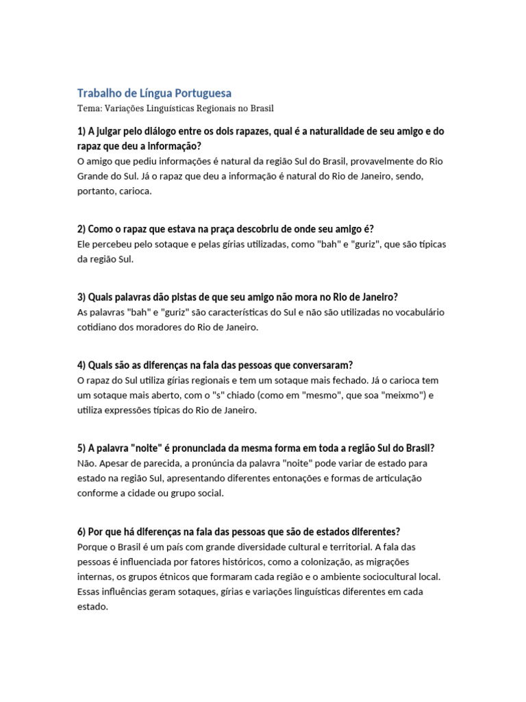 Trabalho Lingua Portuguesa | PDF