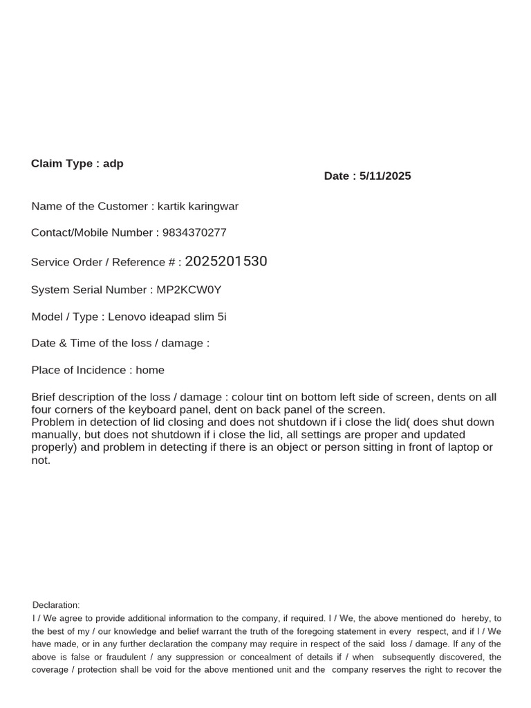 Lenovo ADP Claim Form | PDF