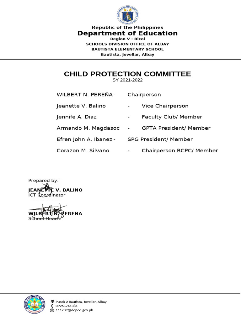 Bautista Elementary School Child Protection Committee Report | PDF