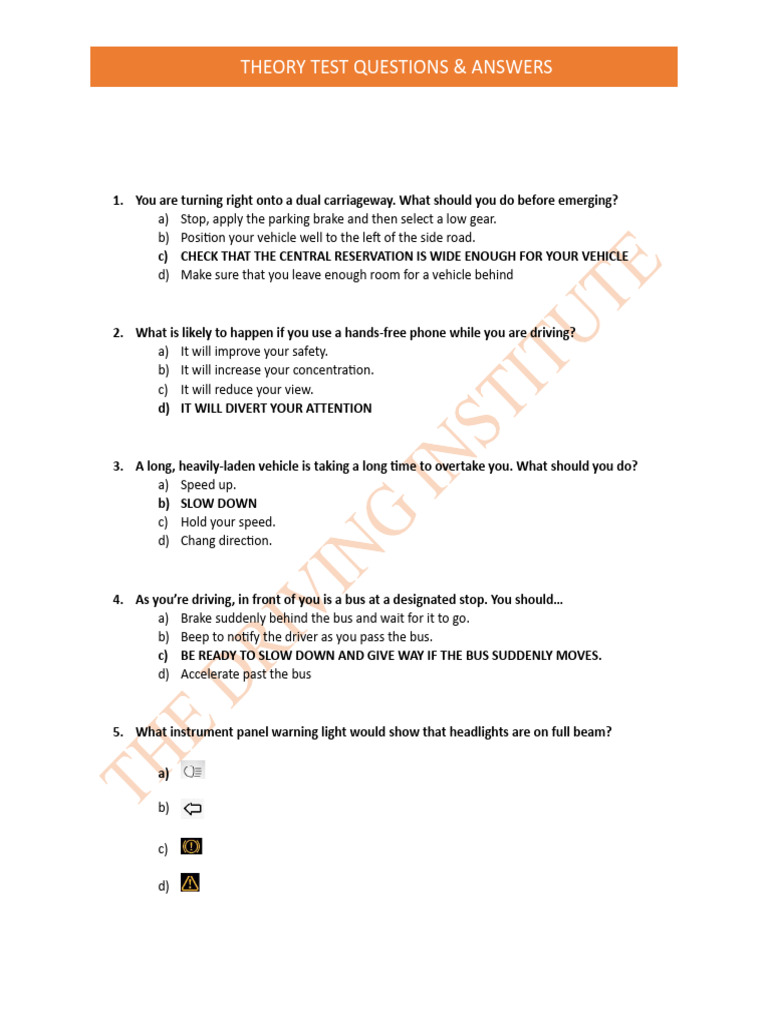 Theory Test Questions & Answers PDF | PDF | Traffic | Road