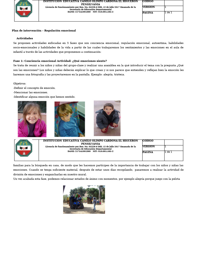 Plan de Intervención: Regulación Emocional Infantil | PDF | Las ...