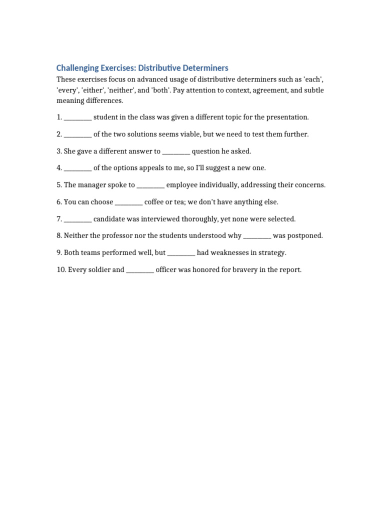 Distributive Determiners Exercises PDF
