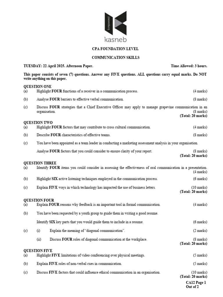 CPA Communication Skills Past Paper | PDF | Communication | Nonverbal ...