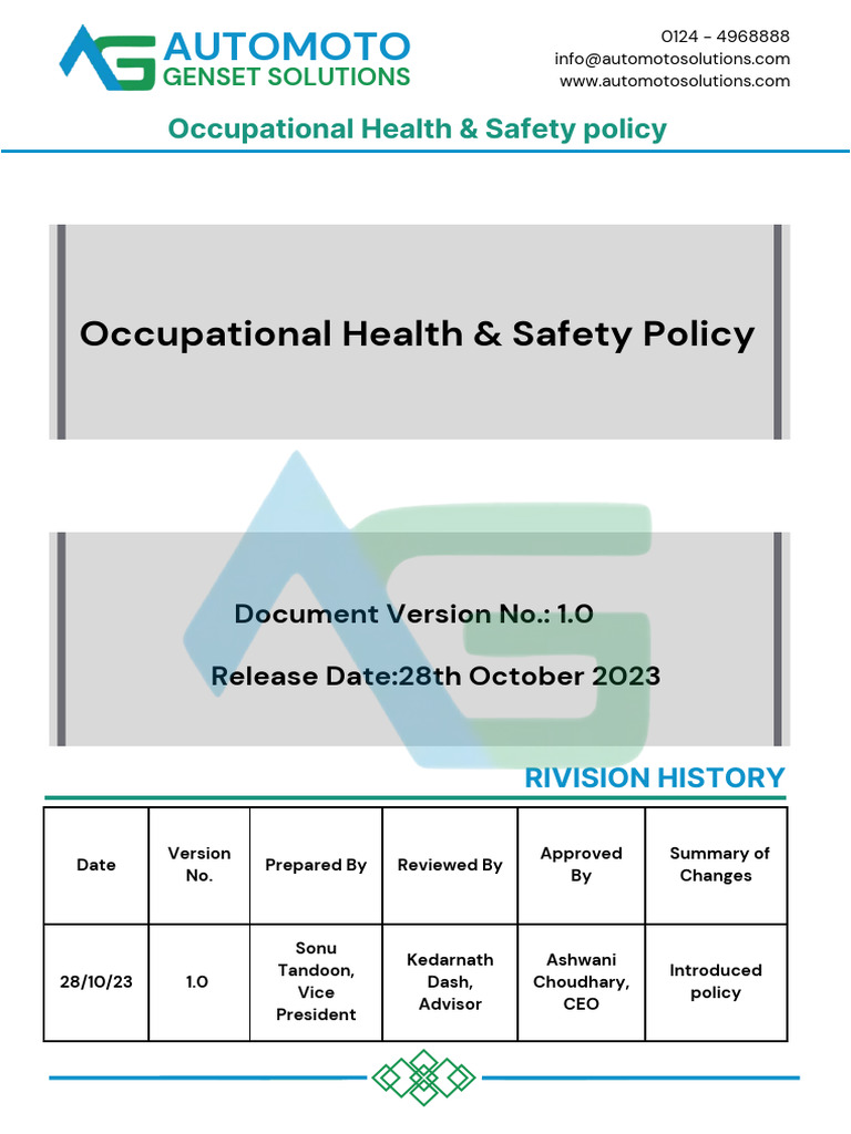 Occupational Health & Safety Policy | PDF | Occupational Safety And ...