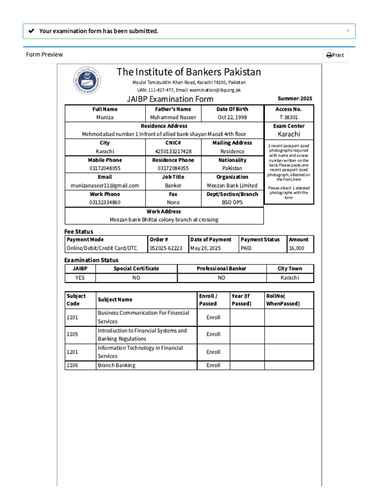 JAIBP Examination Form Submission 2025 | PDF