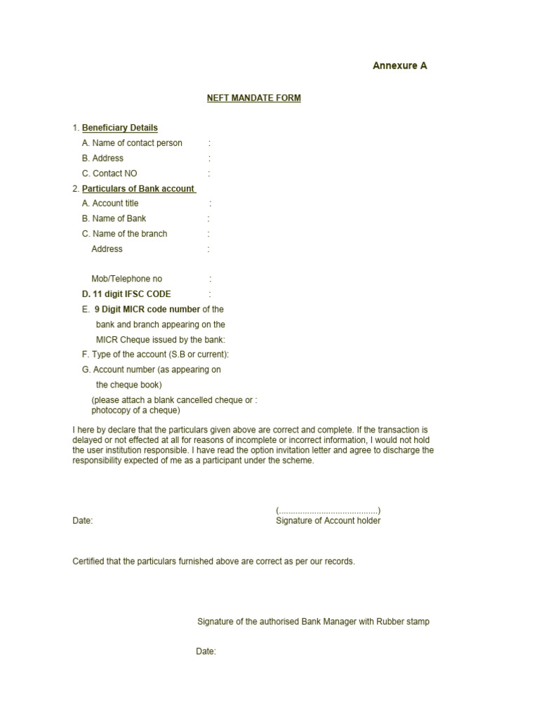 NEFT Mandate Form Template | PDF